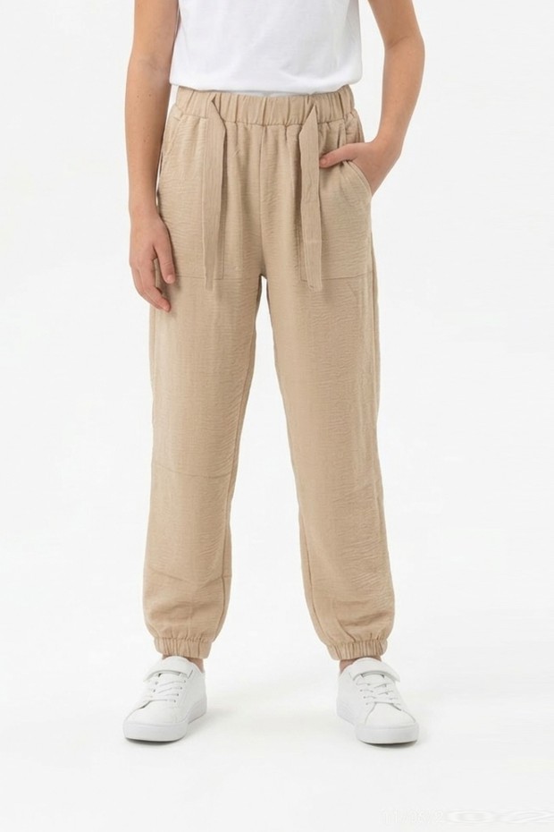 Garson Kız Çocuk Aerobin Kumaş Beli Lastikli ve Kuşaklı Paçası Lastikli Cepli Rahat Kesim Pantolon