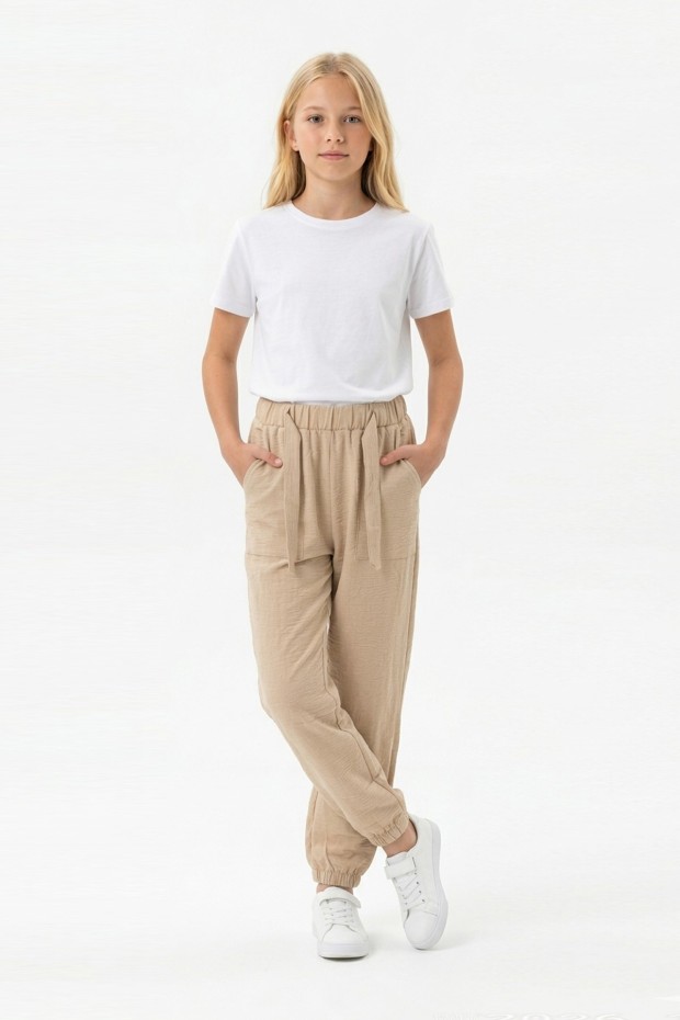 Garson Kız Çocuk Aerobin Kumaş Beli Lastikli ve Kuşaklı Paçası Lastikli Cepli Rahat Kesim Pantolon