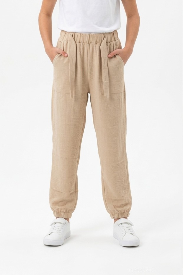 Garson Kız Çocuk Aerobin Kumaş Beli Lastikli ve Kuşaklı Paçası Lastikli Cepli Rahat Kesim Pantolon