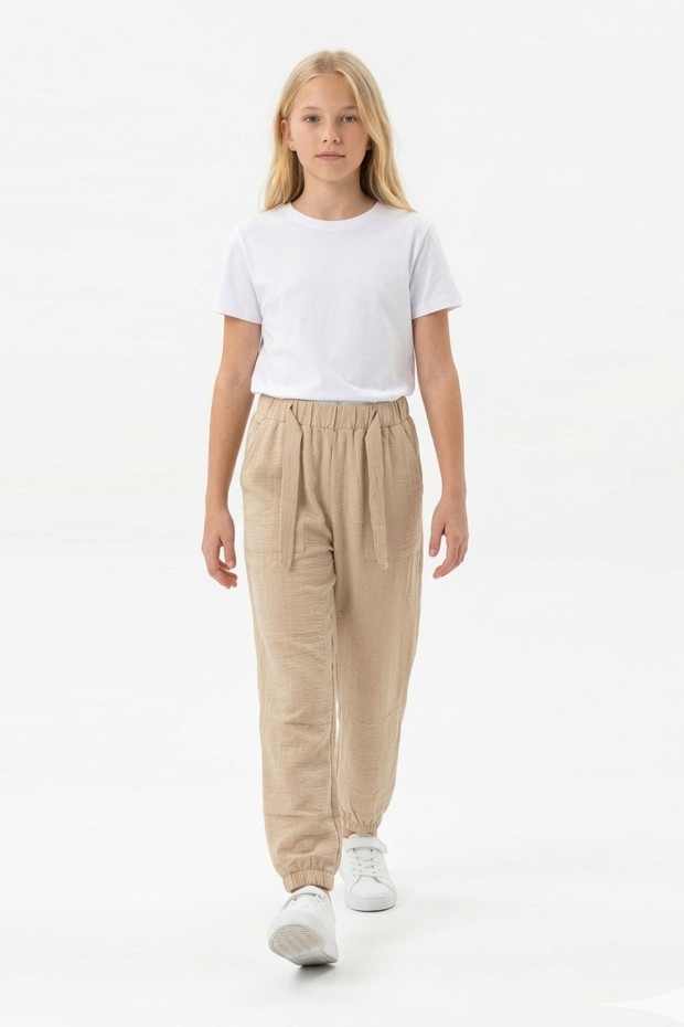 Garson Kız Çocuk Aerobin Kumaş Beli Lastikli ve Kuşaklı Paçası Lastikli Cepli Rahat Kesim Pantolon