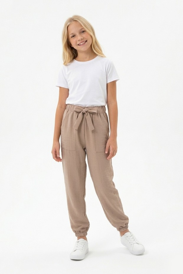 Garson Kız Çocuk Aerobin Kumaş Beli Lastikli ve Kuşaklı Paçası Lastikli Cepli Rahat Kesim Pantolon