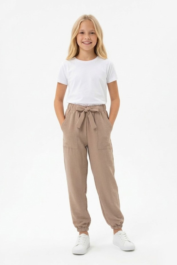 Garson Kız Çocuk Aerobin Kumaş Beli Lastikli ve Kuşaklı Paçası Lastikli Cepli Rahat Kesim Pantolon