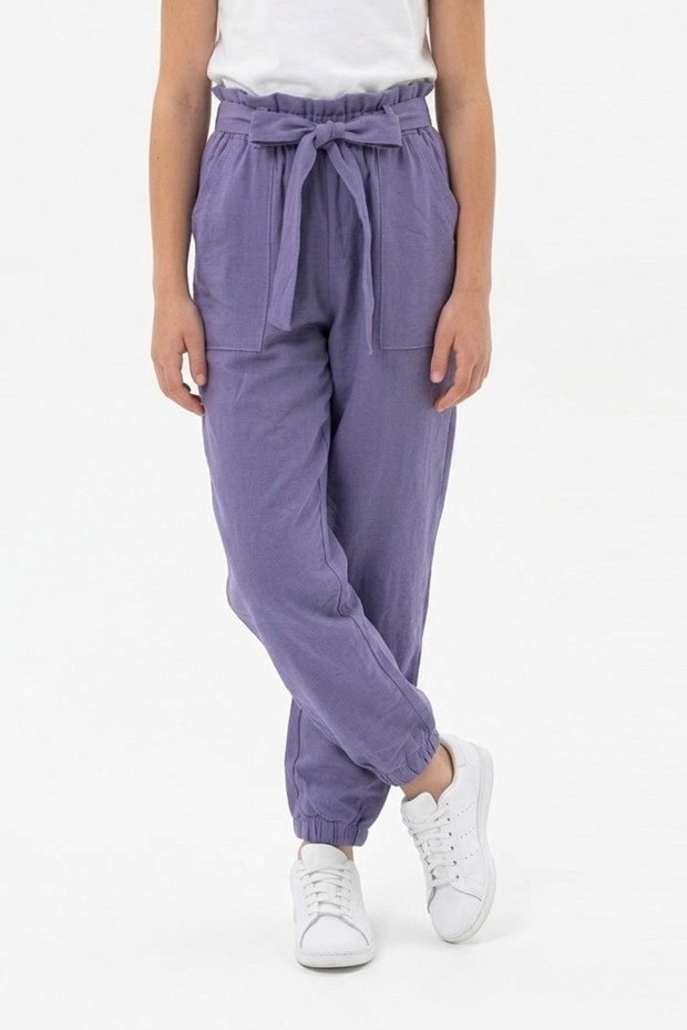 Garson Kız Çocuk Aerobin Kumaş Beli Lastikli ve Kuşaklı Paçası Lastikli Cepli Rahat Kesim Pantolon