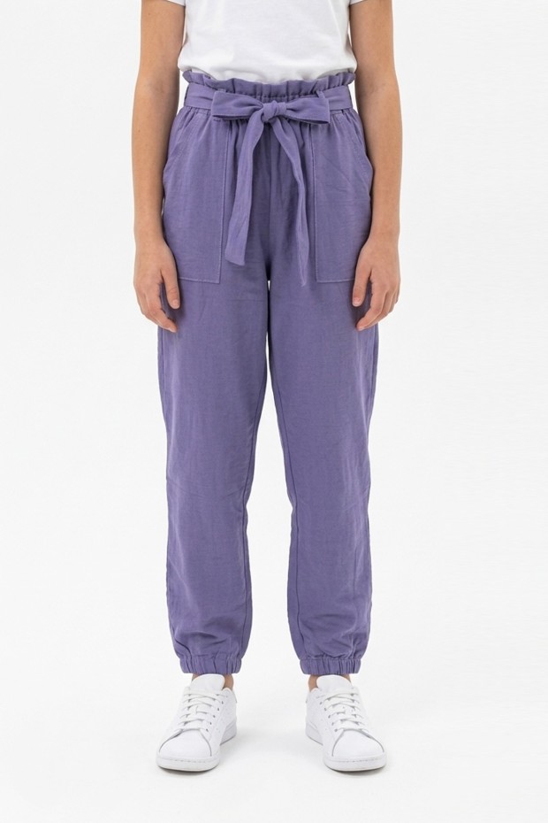 Garson Kız Çocuk Aerobin Kumaş Beli Lastikli ve Kuşaklı Paçası Lastikli Cepli Rahat Kesim Pantolon