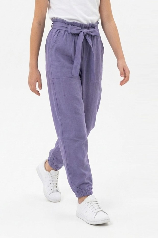 Garson Kız Çocuk Aerobin Kumaş Beli Lastikli ve Kuşaklı Paçası Lastikli Cepli Rahat Kesim Pantolon