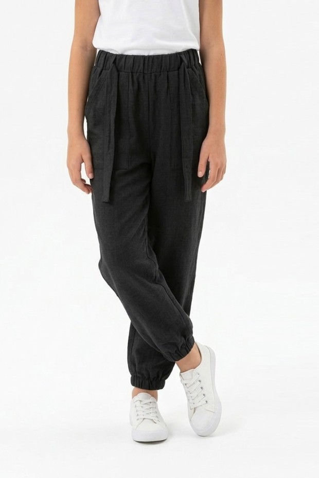 Garson Kız Çocuk Aerobin Kumaş Beli Lastikli ve Kuşaklı Paçası Lastikli Cepli Rahat Kesim Pantolon