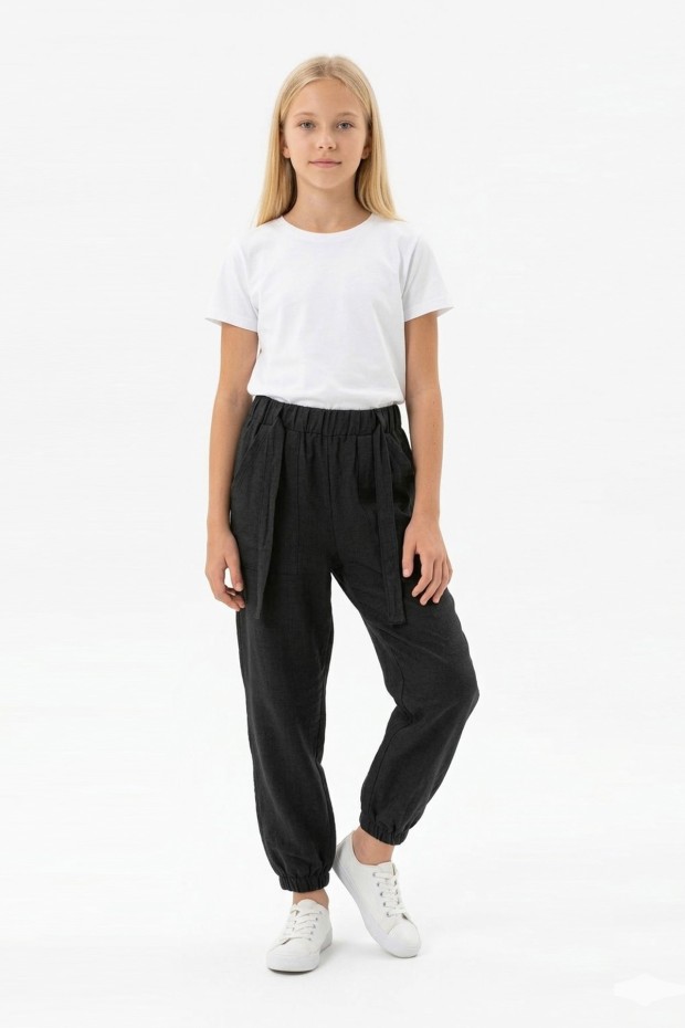 Garson Kız Çocuk Aerobin Kumaş Beli Lastikli ve Kuşaklı Paçası Lastikli Cepli Rahat Kesim Pantolon