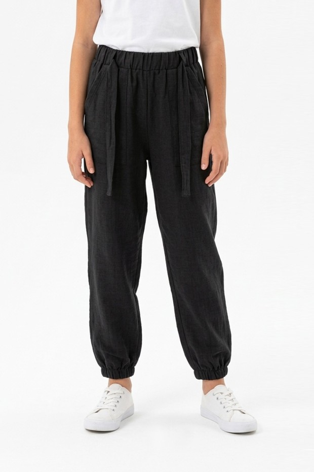 Garson Kız Çocuk Aerobin Kumaş Beli Lastikli ve Kuşaklı Paçası Lastikli Cepli Rahat Kesim Pantolon