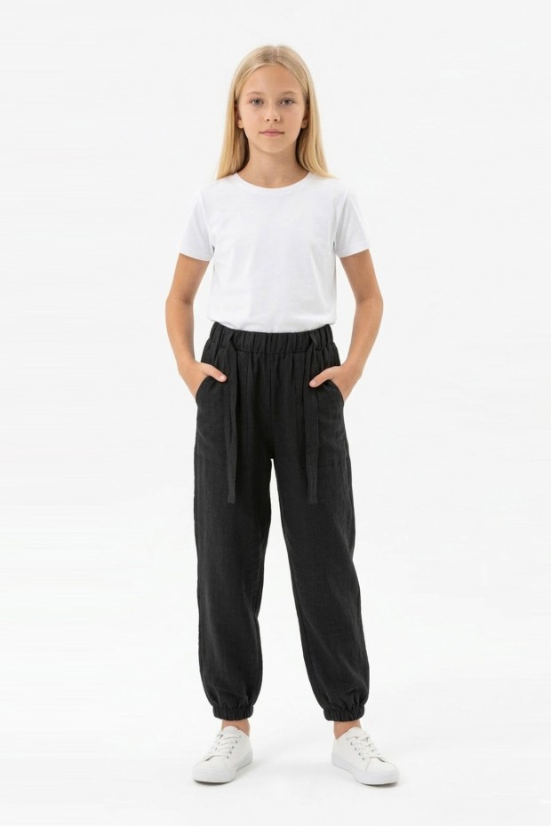 Garson Kız Çocuk Aerobin Kumaş Beli Lastikli ve Kuşaklı Paçası Lastikli Cepli Rahat Kesim Pantolon