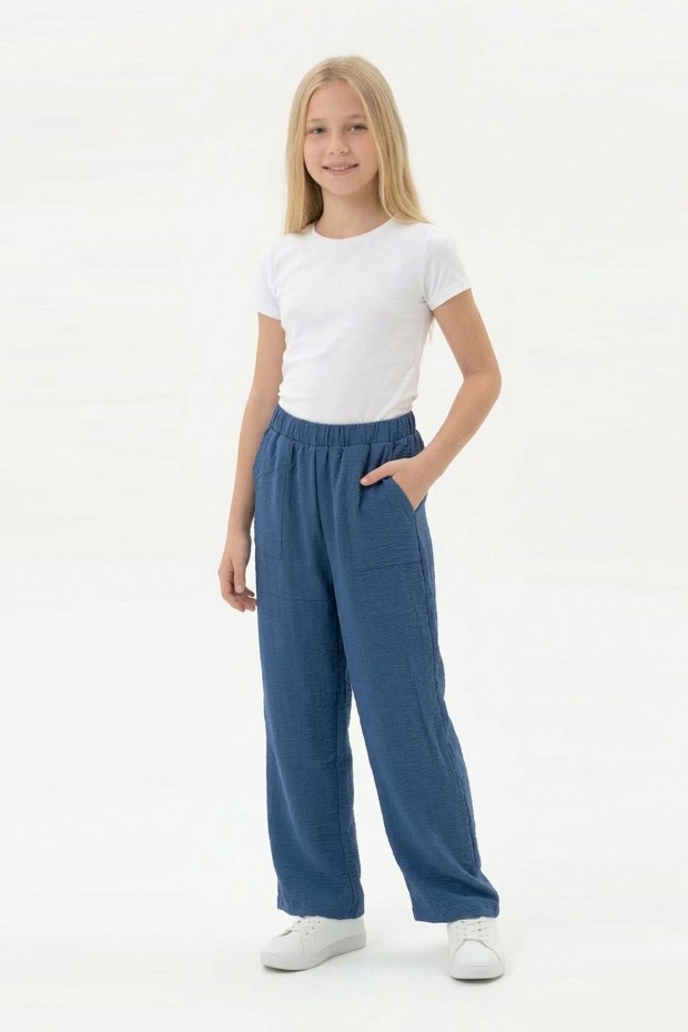 Garson Kız Çocuk Aerobin Kumaş Geniş Paça Cepli Beli Lastikli Rahat Kesim Bol Pantolon