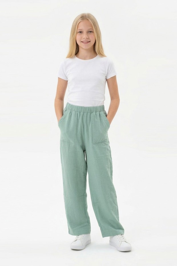 Garson Kız Çocuk Aerobin Kumaş Geniş Paça Cepli Beli Lastikli Rahat Kesim Bol Pantolon