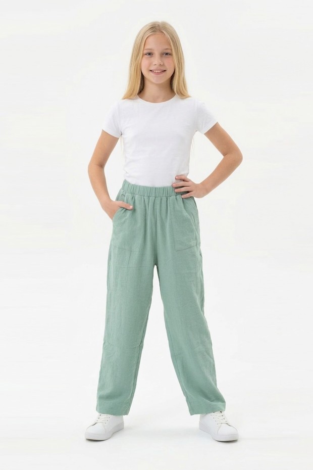 Garson Kız Çocuk Aerobin Kumaş Geniş Paça Cepli Beli Lastikli Rahat Kesim Bol Pantolon