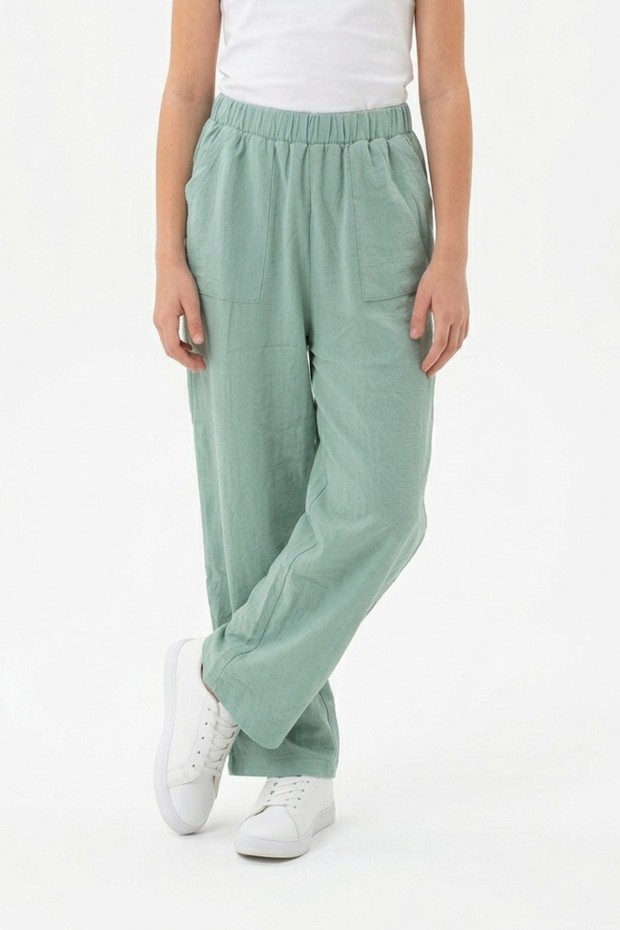 Garson Kız Çocuk Aerobin Kumaş Geniş Paça Cepli Beli Lastikli Rahat Kesim Bol Pantolon