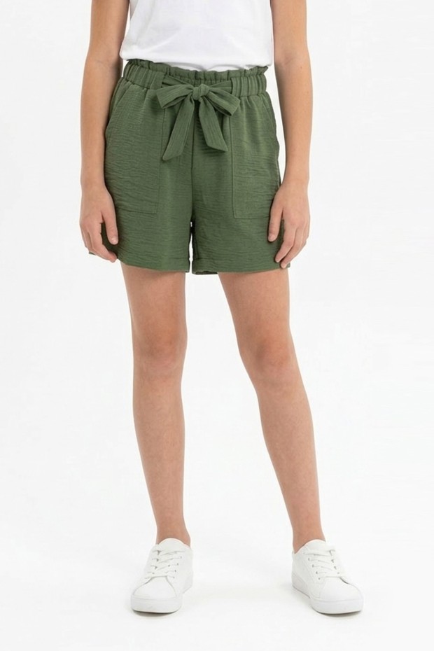 Kız Çocuk Aerobin Kumaş Beli Lastikli ve Kuşaklı Cepli Rahat Kesim Yazlık Şort