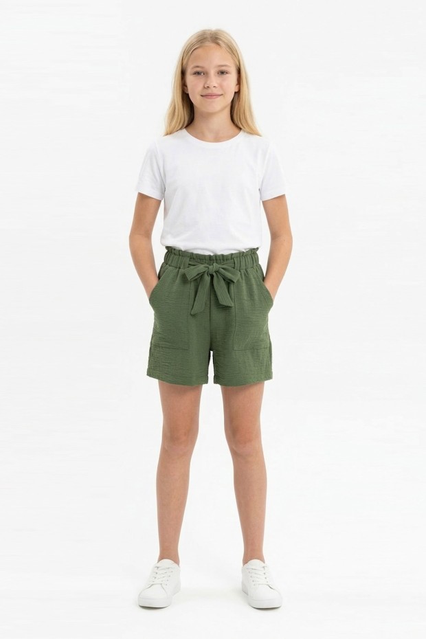 Kız Çocuk Aerobin Kumaş Beli Lastikli ve Kuşaklı Cepli Rahat Kesim Yazlık Şort