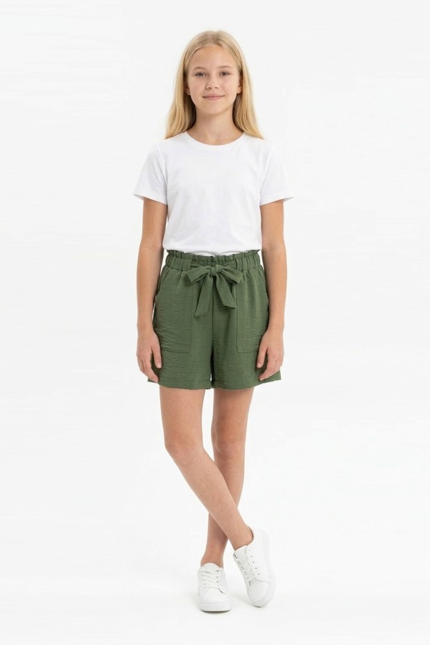 Kız Çocuk Aerobin Kumaş Beli Lastikli ve Kuşaklı Cepli Rahat Kesim Yazlık Şort