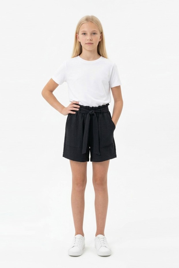 Kız Çocuk Aerobin Kumaş Beli Lastikli ve Kuşaklı Cepli Rahat Kesim Yazlık Şort