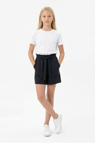 Kız Çocuk Aerobin Kumaş Beli Lastikli ve Kuşaklı Cepli Rahat Kesim Yazlık Şort