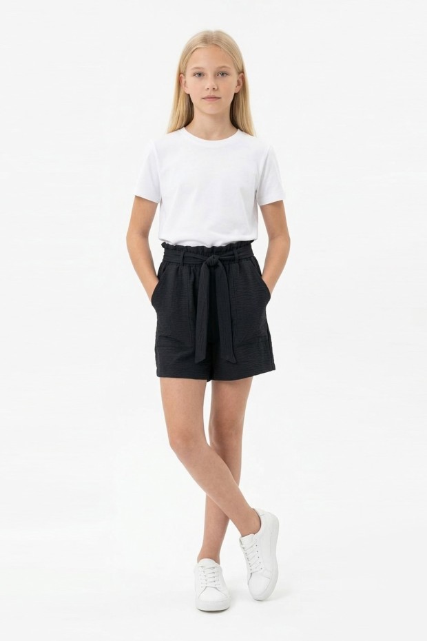 Kız Çocuk Aerobin Kumaş Beli Lastikli ve Kuşaklı Cepli Rahat Kesim Yazlık Şort