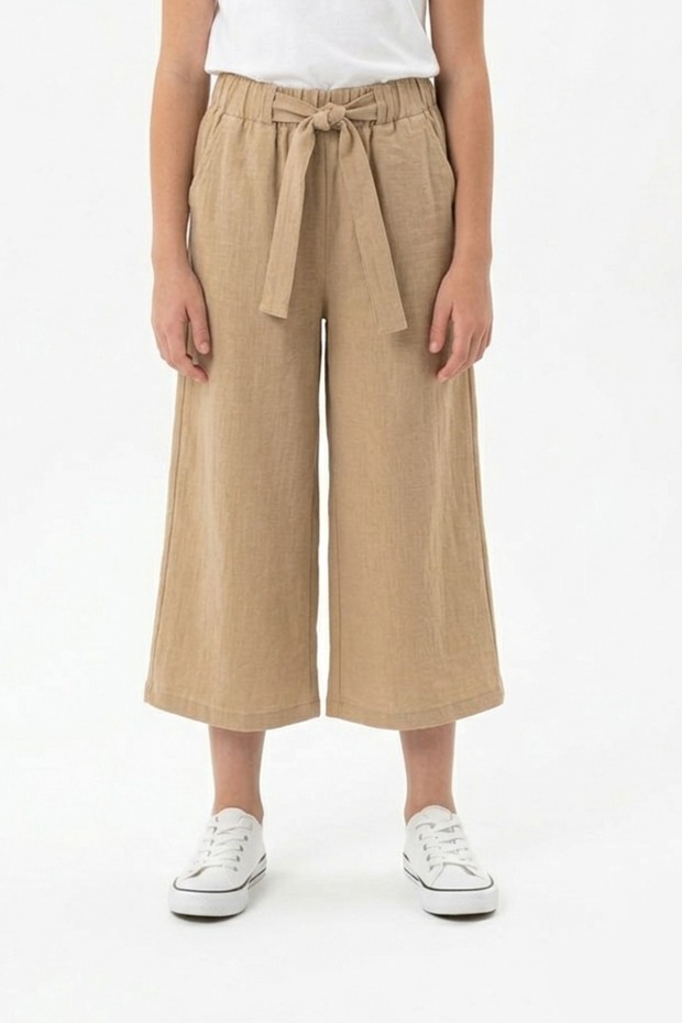 Garson Kız Çocuk Aerobin Kumaş Beli Lastikli ve Kuşaklı Geniş Paça Cepli Rahat Kesim Pantolon 