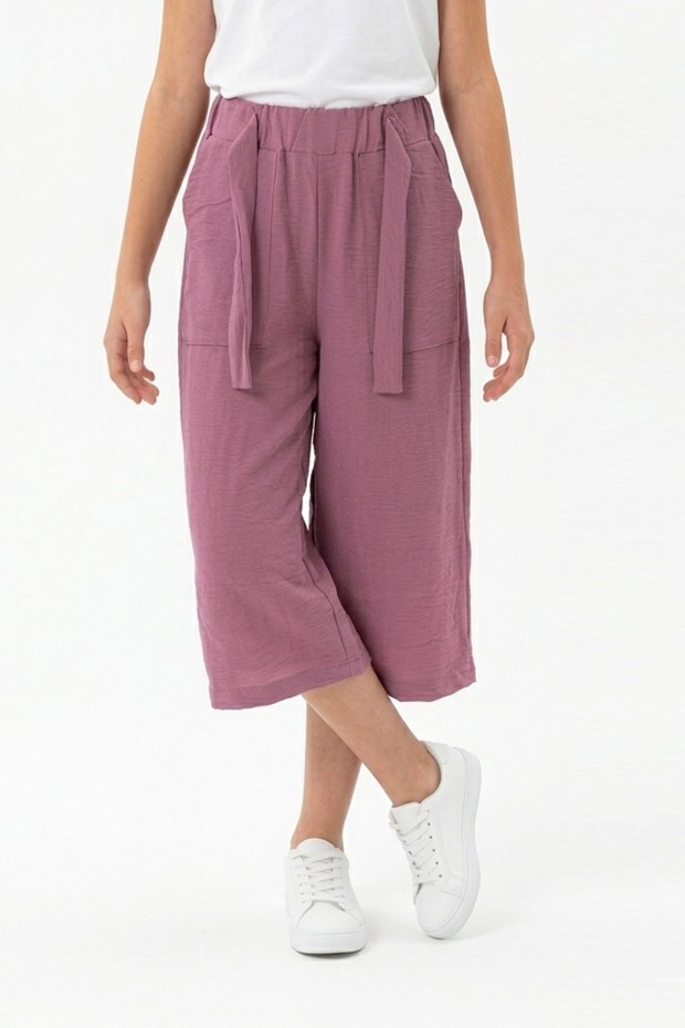 Garson Kız Çocuk Aerobin Kumaş Beli Lastikli ve Kuşaklı Geniş Paça Cepli Rahat Kesim Pantolon 