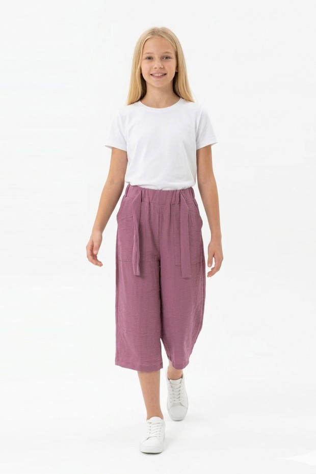 Garson Kız Çocuk Aerobin Kumaş Beli Lastikli ve Kuşaklı Geniş Paça Cepli Rahat Kesim Pantolon 