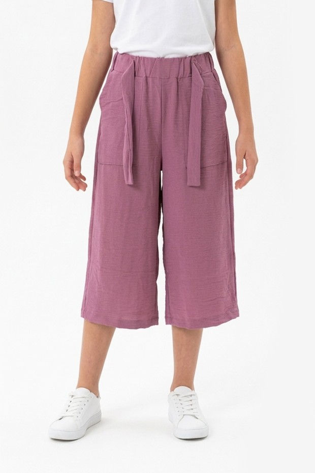 Garson Kız Çocuk Aerobin Kumaş Beli Lastikli ve Kuşaklı Geniş Paça Cepli Rahat Kesim Pantolon 