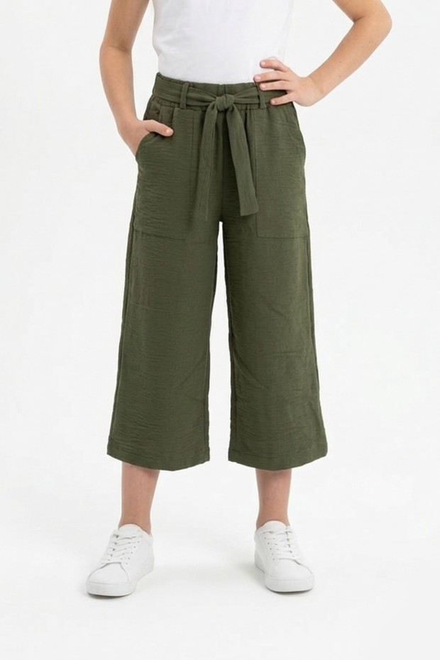 Garson Kız Çocuk Aerobin Kumaş Beli Lastikli ve Kuşaklı Geniş Paça Cepli Rahat Kesim Pantolon