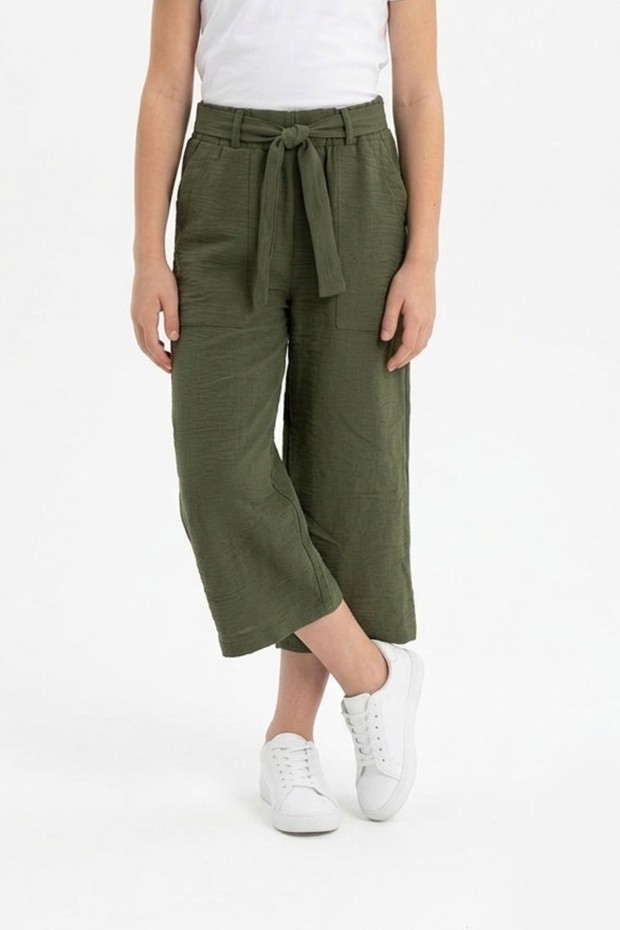 Garson Kız Çocuk Aerobin Kumaş Beli Lastikli ve Kuşaklı Geniş Paça Cepli Rahat Kesim Pantolon