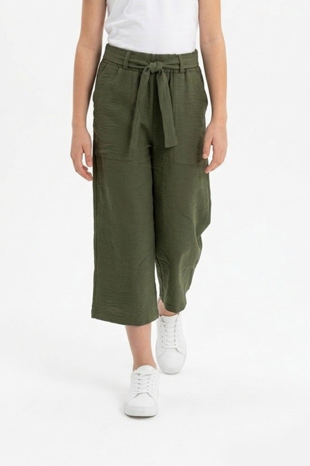 Garson Kız Çocuk Aerobin Kumaş Beli Lastikli ve Kuşaklı Geniş Paça Cepli Rahat Kesim Pantolon