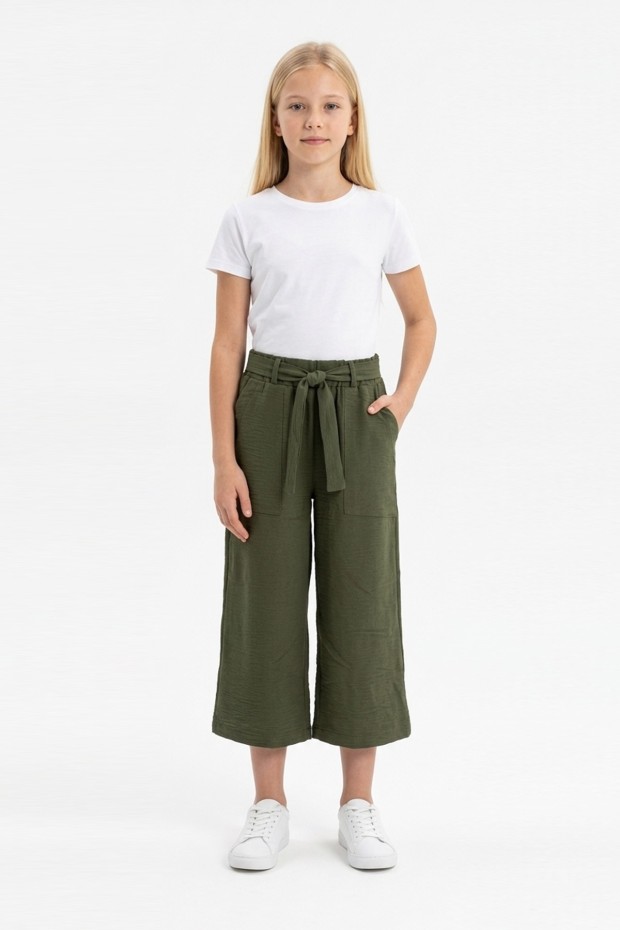 Garson Kız Çocuk Aerobin Kumaş Beli Lastikli ve Kuşaklı Geniş Paça Cepli Rahat Kesim Pantolon