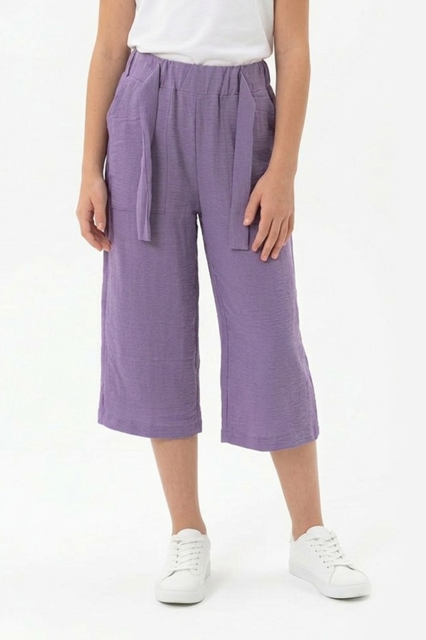 Garson Kız Çocuk Aerobin Kumaş Beli Lastikli ve Kuşaklı Geniş Paça Cepli Rahat Kesim Pantolon 