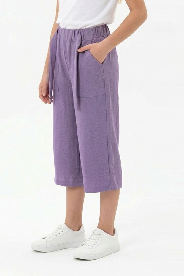 Garson Kız Çocuk Aerobin Kumaş Beli Lastikli ve Kuşaklı Geniş Paça Cepli Rahat Kesim Pantolon 