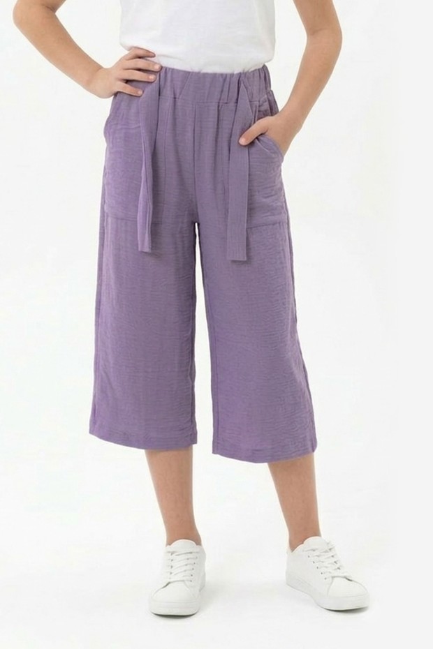 Garson Kız Çocuk Aerobin Kumaş Beli Lastikli ve Kuşaklı Geniş Paça Cepli Rahat Kesim Pantolon 