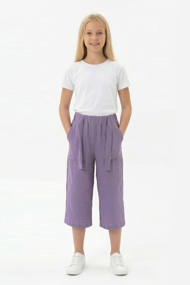 Garson Kız Çocuk Aerobin Kumaş Beli Lastikli ve Kuşaklı Geniş Paça Cepli Rahat Kesim Pantolon 