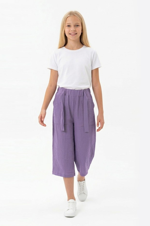 Garson Kız Çocuk Aerobin Kumaş Beli Lastikli ve Kuşaklı Geniş Paça Cepli Rahat Kesim Pantolon 