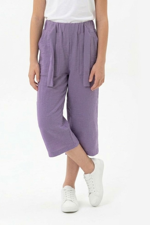 Garson Kız Çocuk Aerobin Kumaş Beli Lastikli ve Kuşaklı Geniş Paça Cepli Rahat Kesim Pantolon 