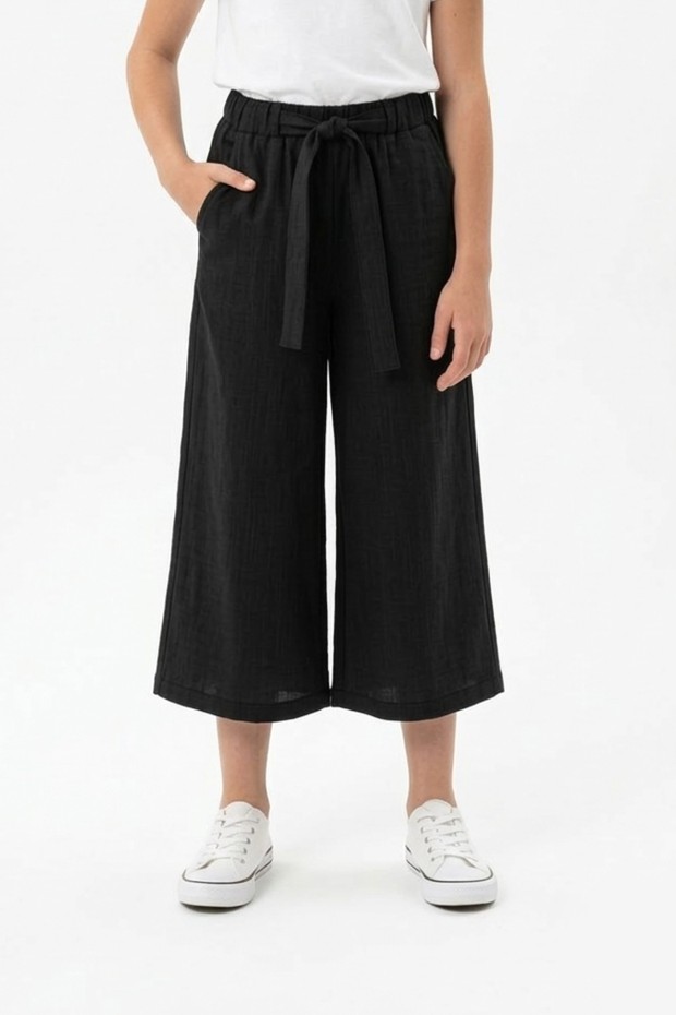 Garson Kız Çocuk Aerobin Kumaş Beli Lastikli ve Kuşaklı Geniş Paça Cepli Rahat Kesim Pantolon