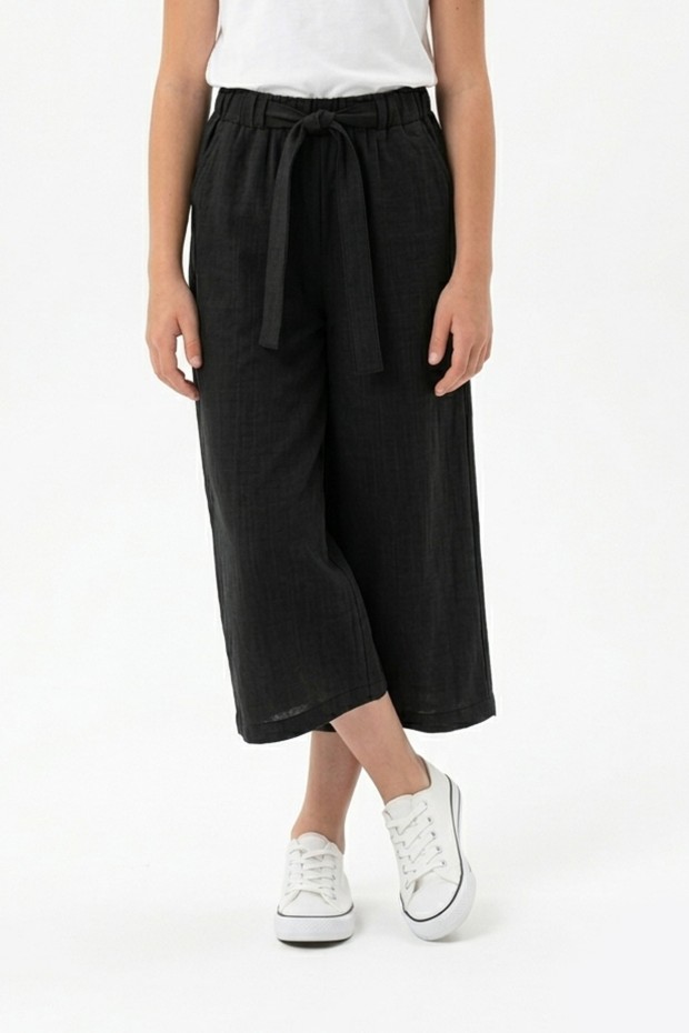 Garson Kız Çocuk Aerobin Kumaş Beli Lastikli ve Kuşaklı Geniş Paça Cepli Rahat Kesim Pantolon