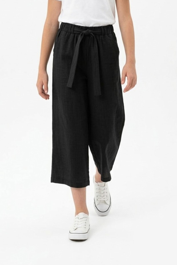 Garson Kız Çocuk Aerobin Kumaş Beli Lastikli ve Kuşaklı Geniş Paça Cepli Rahat Kesim Pantolon