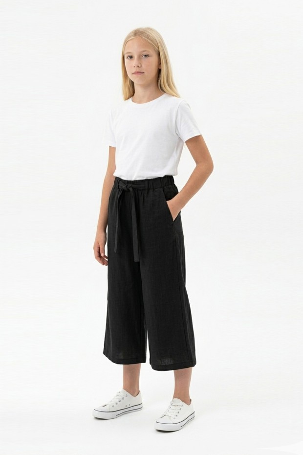 Garson Kız Çocuk Aerobin Kumaş Beli Lastikli ve Kuşaklı Geniş Paça Cepli Rahat Kesim Pantolon