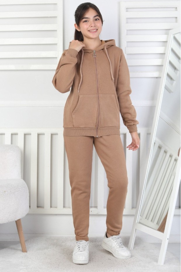 Şardonlu 3 İplik Kapşonlu Kız Çocuk Takım