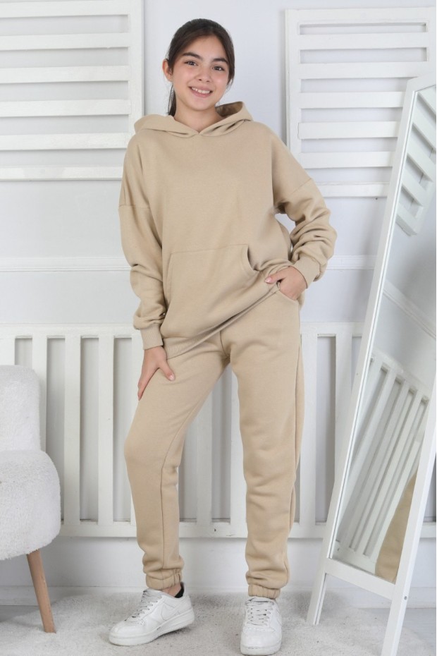 Şardonlu 3 İplik Kapşonlu Kız Çocuk Takım