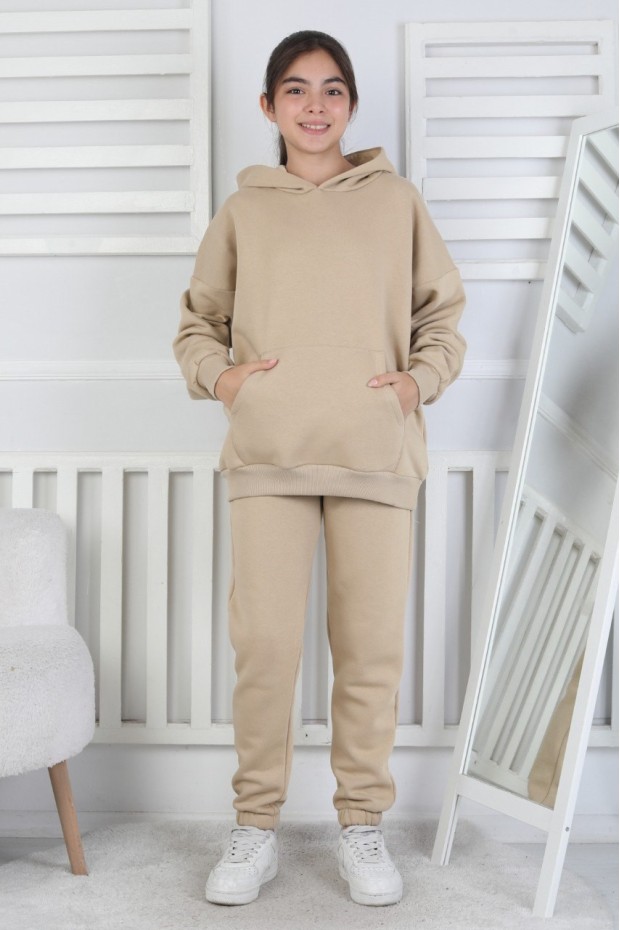 Şardonlu 3 İplik Kapşonlu Kız Çocuk Takım