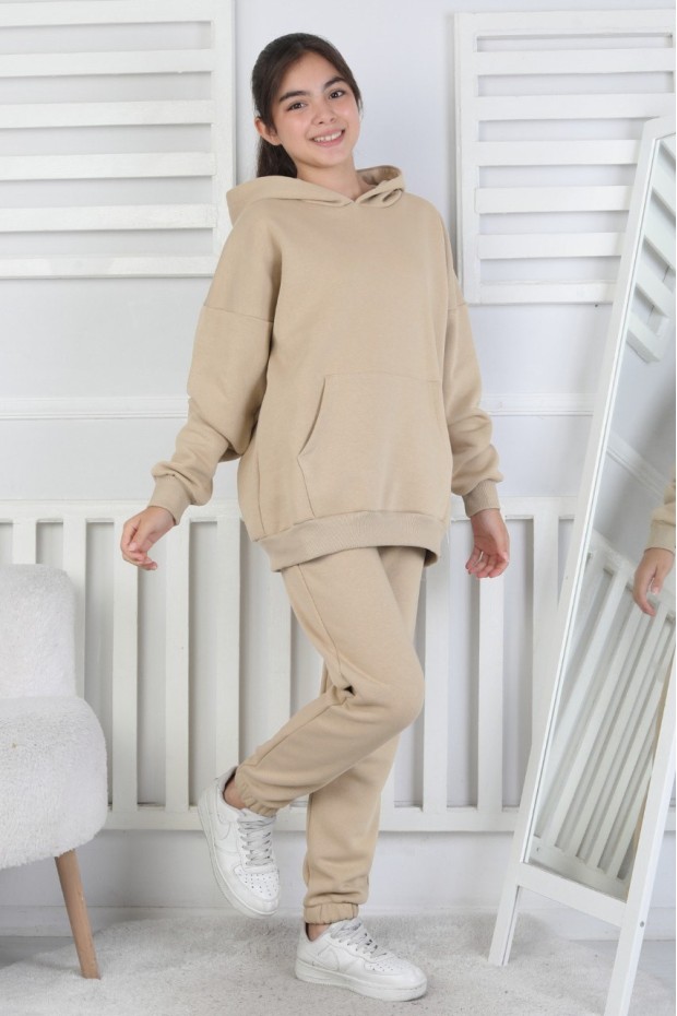 Şardonlu 3 İplik Kapşonlu Kız Çocuk Takım