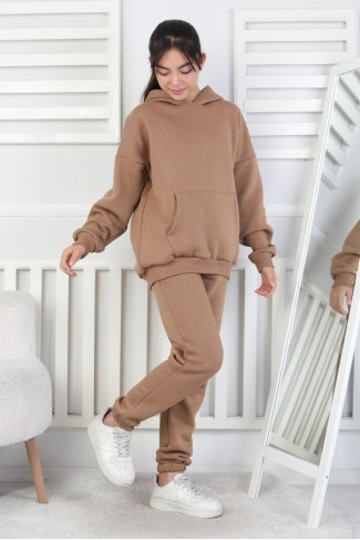 Şardonlu 3 İplik Kapşonlu Kız Çocuk Takım