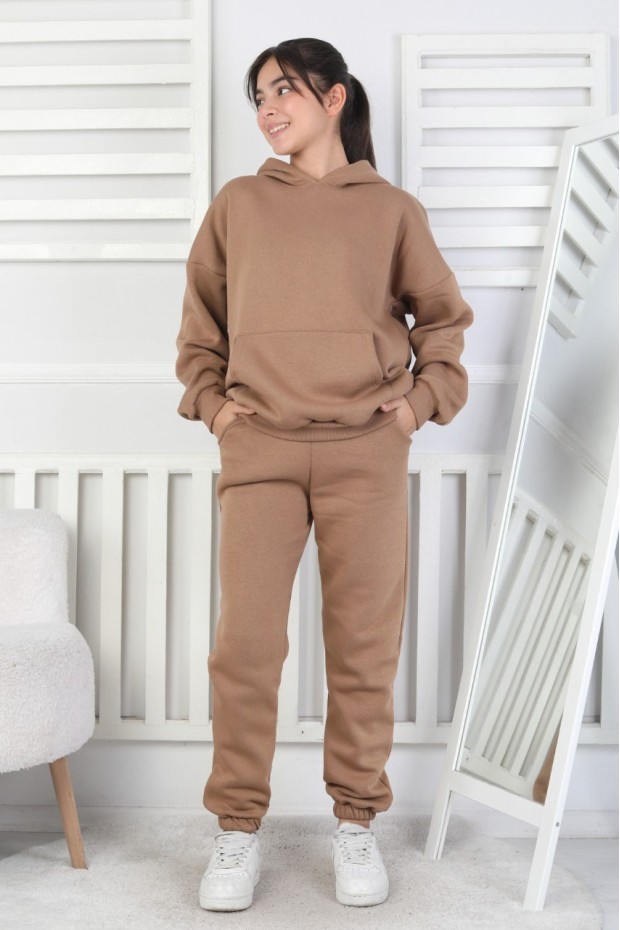 Şardonlu 3 İplik Kapşonlu Kız Çocuk Takım