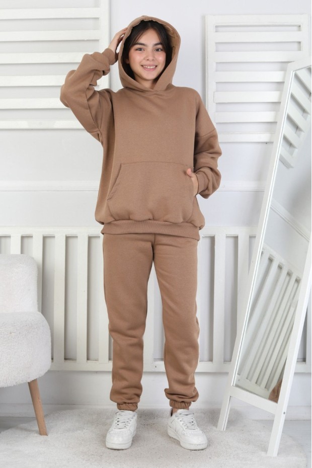 Şardonlu 3 İplik Kapşonlu Kız Çocuk Takım