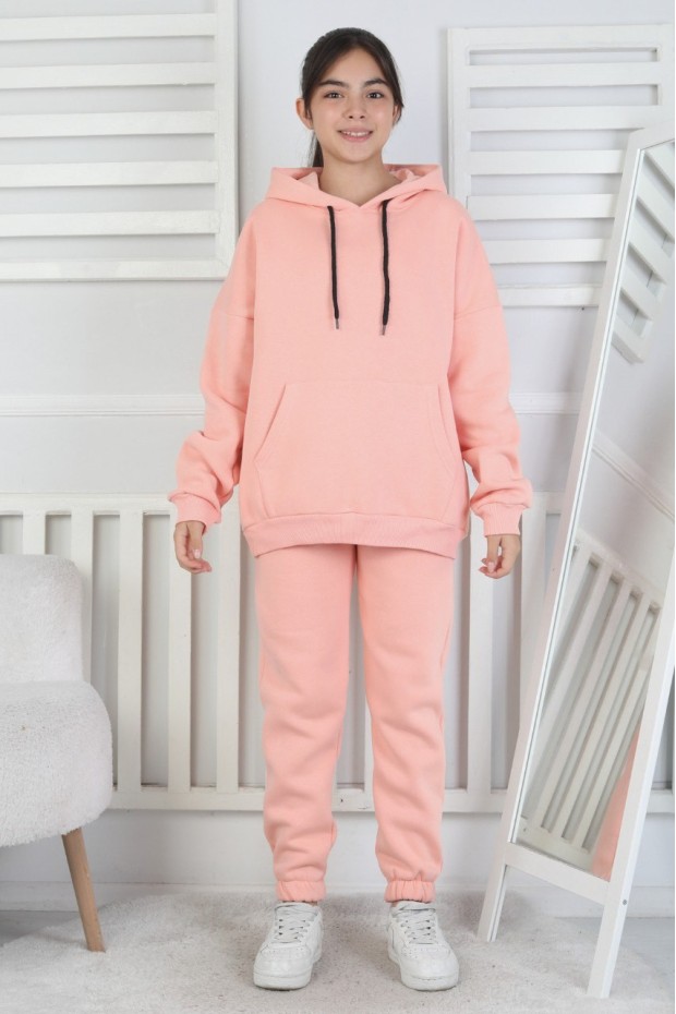 Şardonlu 3 İplik Kapşonlu Kız Çocuk Takım