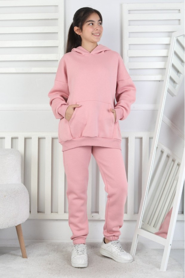 Şardonlu 3 İplik Kapşonlu Kız Çocuk Takım